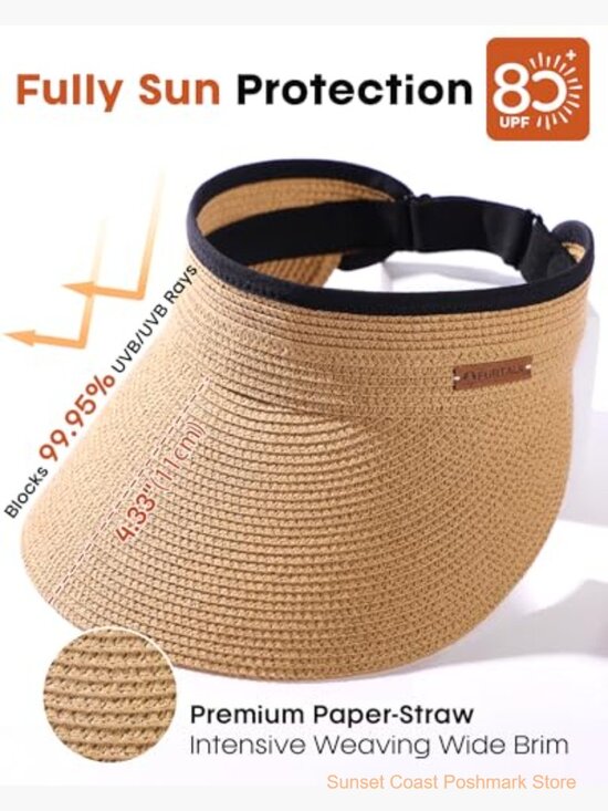 Straw Sun Visor Hat Adjustable Packable Wide Brim UPF 80+ main image 5
